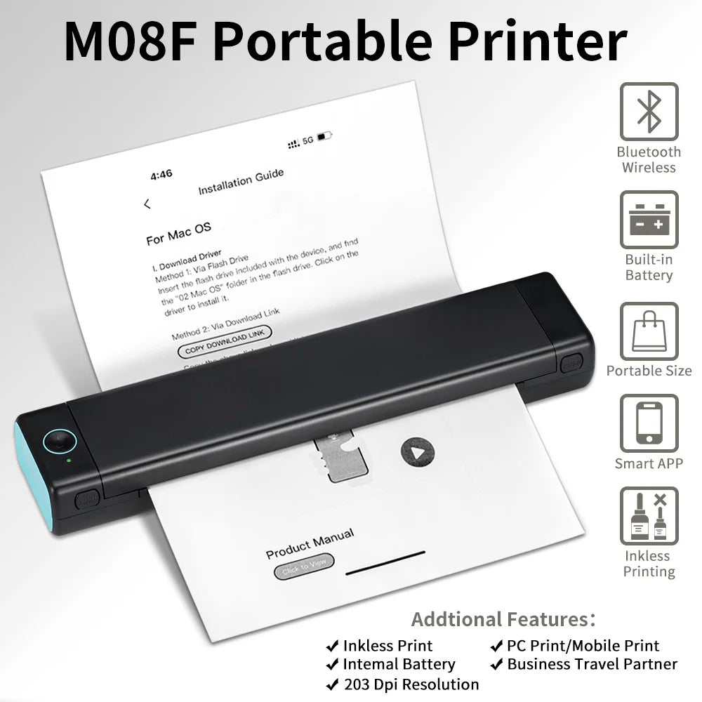 Phomemo - M08F A4 Portable Thermal Printer, Supports 8.26"x11.69" A4 Thermal Paper, Wireless Mobile Travel Printers for Car & Office