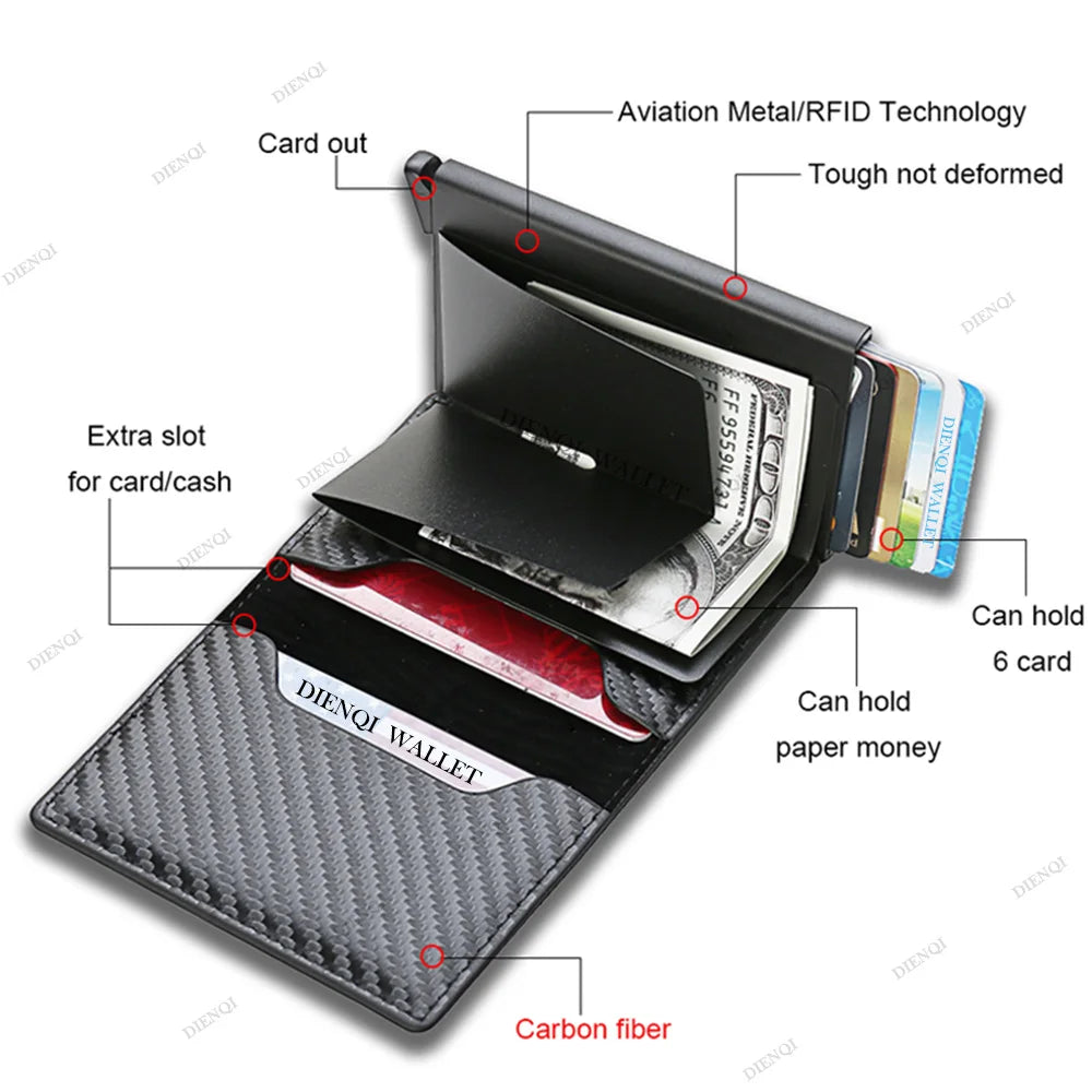 SMILEY SUNSHINE - Carbon Fiber Slim Aluminum Men Black Valet 2023 Wallet With ID Credit Card Holder And Mini RFID Wallet Automatic Pop up Bank Card Case