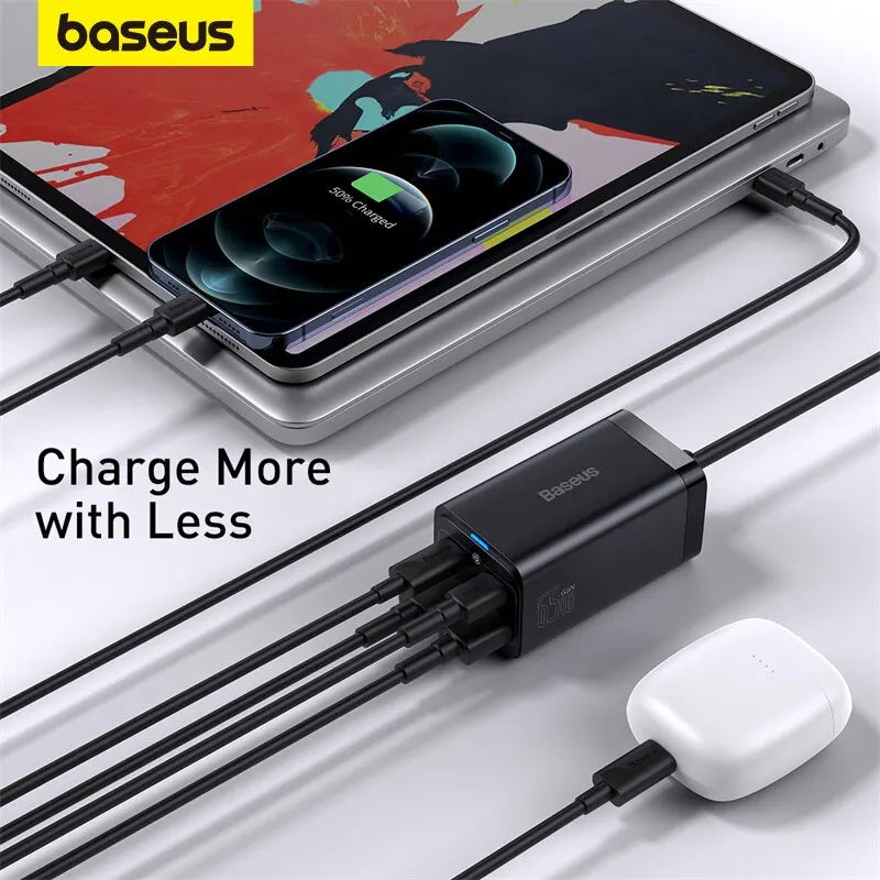 Baseus - 65W GaN Charger Desktop Fast Charger 4 in 1 Laptop Or Phone Charger Adapter For iPhone 15 14 13 Pro Max Xiaomi Samsung