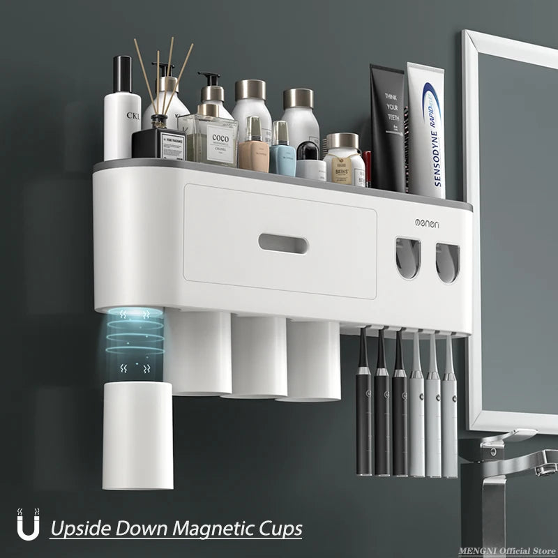 MENGNI - Magnetic Adsorption Inverted Toothbrush Holder Wall -Automatic Toothpaste Squeezer Storage Rack Bathroom Accessories